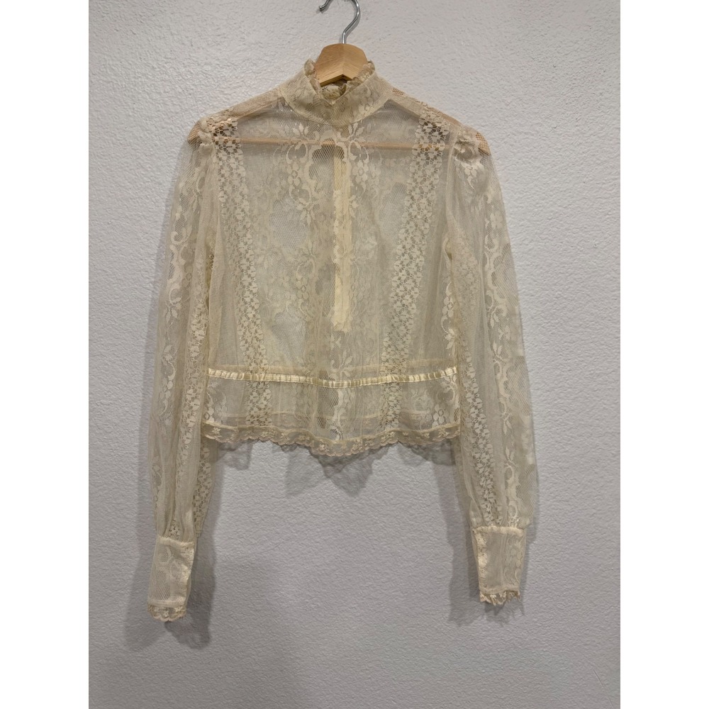 Vintage Edwardian 1970s Victorian Lace Romantic Cream Blouse - small